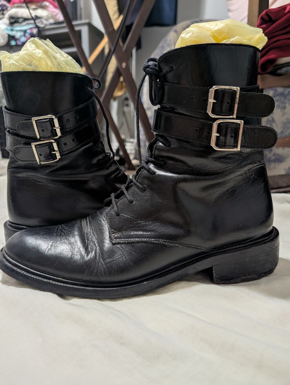 Jonak Paris Black Leather Double Buckle Combat Boots 40 US 9